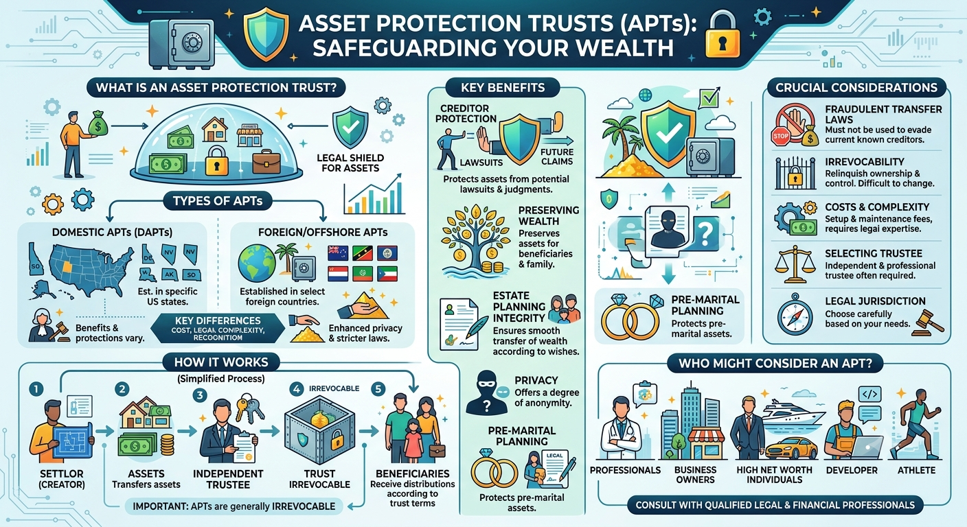 Infographic explaining how Utah asset protection trusts (DAPTs) work, including key requirements, what creditors can and cannot reach, and who benefits most
