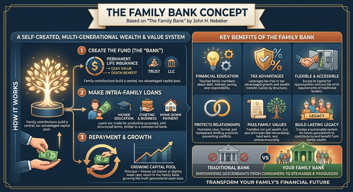 Infographic: The Family Bank Concept based on John H. Nebeker's book. Left panel shows the three-step cycle — create the fund, make intra-family loans, repayment and growth. Right panel shows six key benefits: financial education, tax advantages, flexible access, relationship protection, passing family values, and building a lasting legacy. Bottom compares a traditional bank to a family bank.