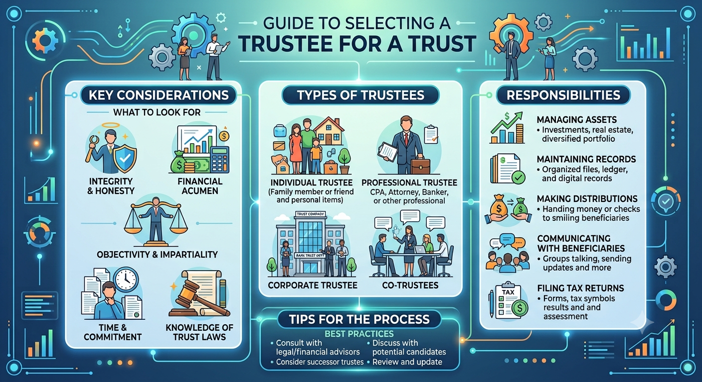 Infographic: Guide to selecting a successor trustee — comparing professional trustees, independent individuals, co-trustees, and split roles with a trust protector