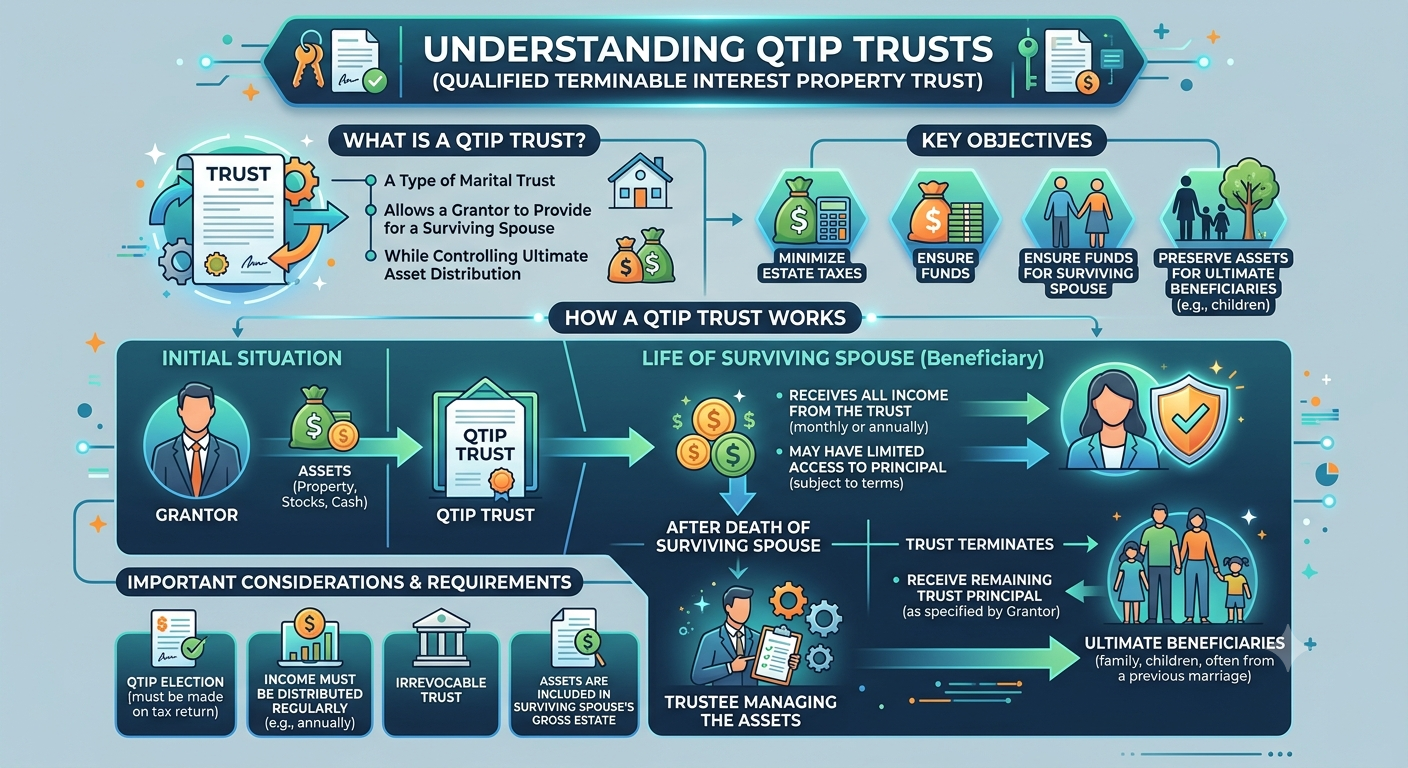 Infographic showing how a QTIP trust works: the grantor funds the trust, the surviving spouse receives income for life, and after the spouse's death the trustee distributes the remaining principal to the ultimate beneficiaries — typically children from a prior marriage.
