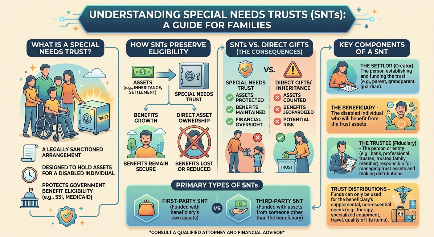 Infographic explaining special needs trusts: what they are, how they preserve SSI and Medicaid eligibility, the difference between SNTs and direct gifts, the first-party and third-party trust types, and the key roles of settlor, beneficiary, trustee, and distributions.