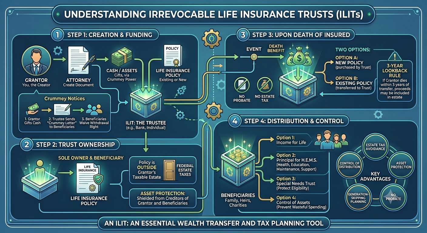 Infographic showing how an irrevocable life insurance trust works: the grantor gifts cash to the ILIT each year, the trustee sends Crummey notices and pays the premium, and at the grantor's death the insurance company pays the death benefit to the trust — outside the taxable estate — for distribution to beneficiaries