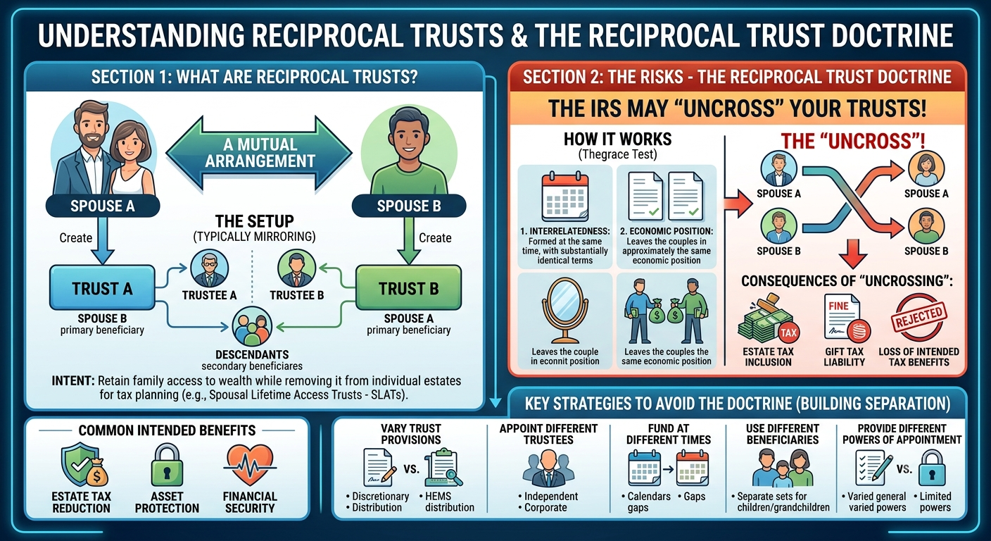Infographic illustrating the reciprocal trust structure: Spouse A creates Trust A naming Spouse B as beneficiary, and Spouse B creates Trust B naming Spouse A as beneficiary, forming a crossed arrangement that may be undone by the reciprocal trust doctrine if the trusts are too similar